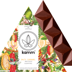 KAMM chocolate-sugar-free & vegan salted caramel 85% dark chocolate bars. Crafted from Ecuadorian heirloom cacao. Perfect for wholesale, luxury retail & keto for USA & Canada