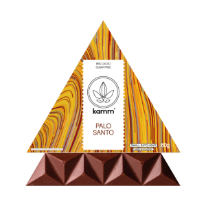 Master box of Kamm triangular 85 percent Palo Santo infused dark chocolate bars sweetened with cacao mucilage for USA & Canada