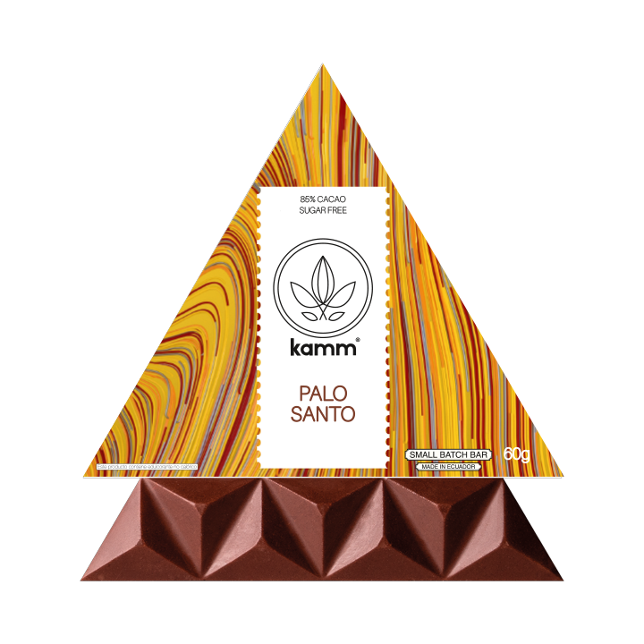 Master box of Kamm triangular 85 percent Palo Santo infused dark chocolate bars sweetened with cacao mucilage for USA & Canada