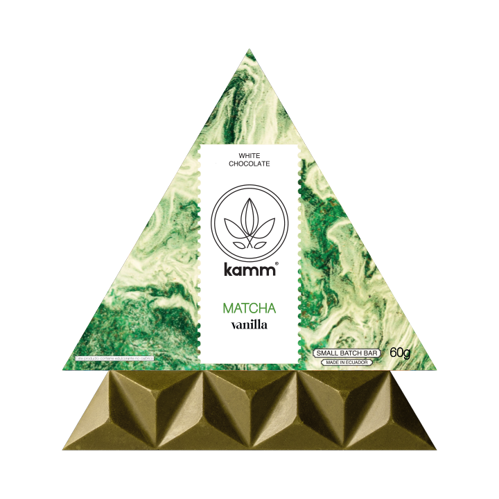 Master box of Kamm triangular 85 percent matcha vanilla dark chocolate bars, sugar-free and vegan for USA & Canada
