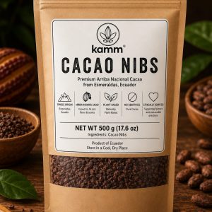 A 500g silver stand up pouch of Kamm premium roasted cacao nibs from Esmeraldas Ecuador, sugar free and vegan for USA & Canada