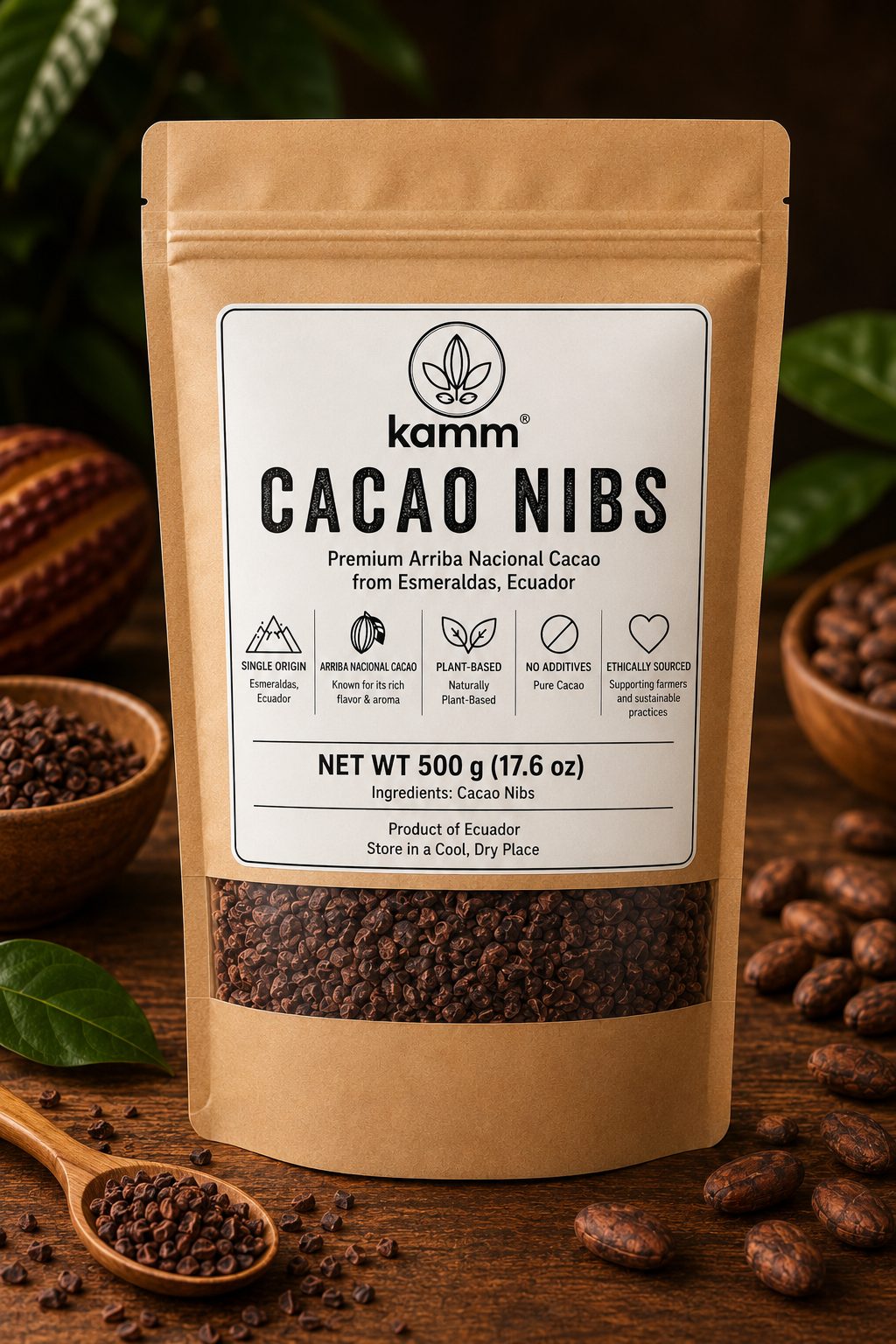A 500g silver stand up pouch of Kamm premium roasted cacao nibs from Esmeraldas Ecuador, sugar free and vegan for USA & Canada