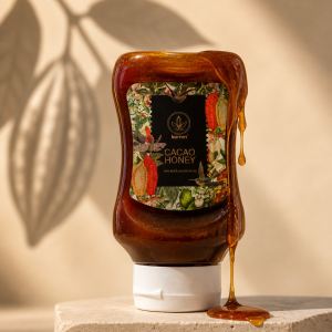 A 500g premium clear bottle of Kamm cacao honey made from fine aroma cacao fruit mucilage, artisanal sweet nectar from Ecuador for USA & Canada